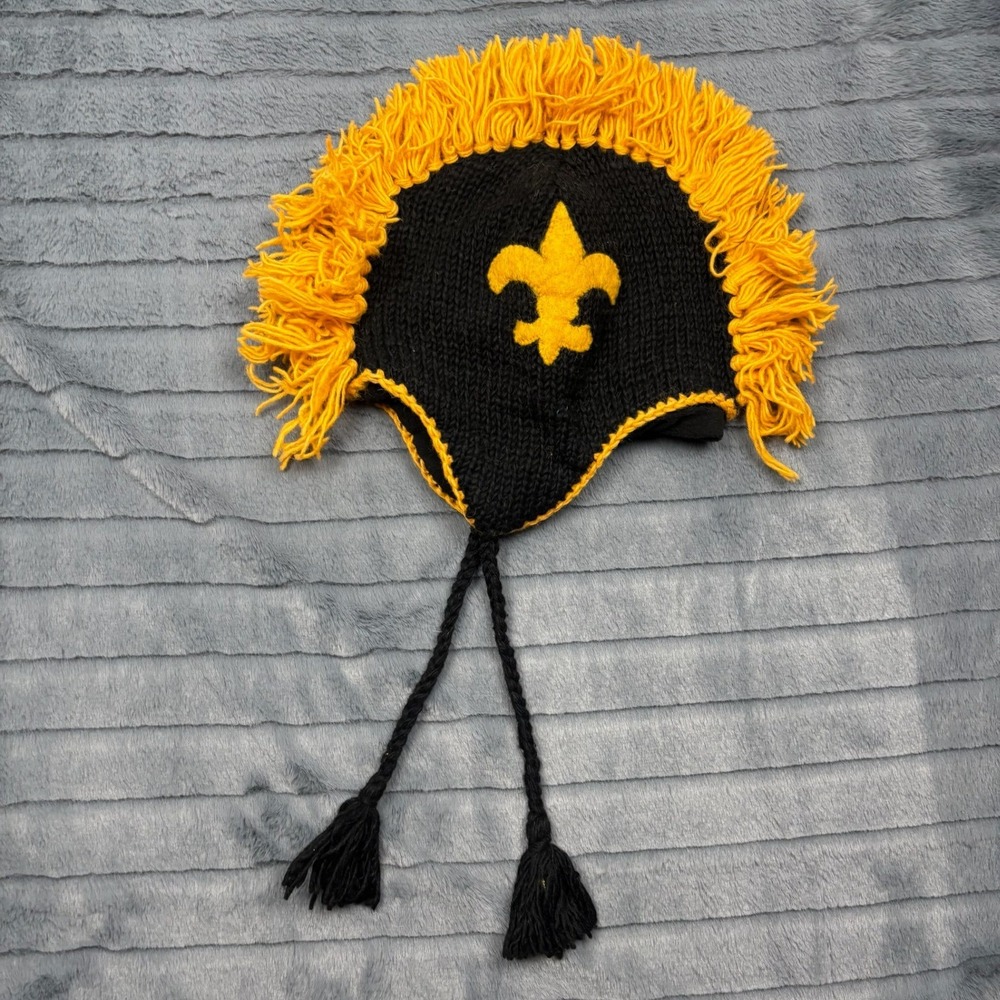 Handmade 100% Wool Fleur De Lis Mohawk Beanie Black Gold Nepal Earflap Hat